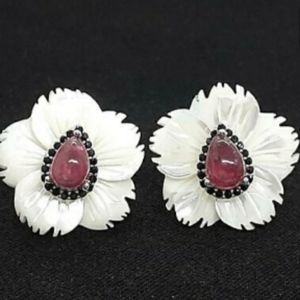 Genuine Ruby/,Carved MOP Blossom Earrings